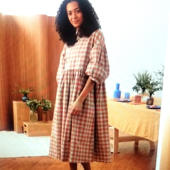 Tradlands Dresses & Skirts - Tradlands Nico Balloon Sleeve Midi Dress Misty Blue Gingham Linen M Worn 1x